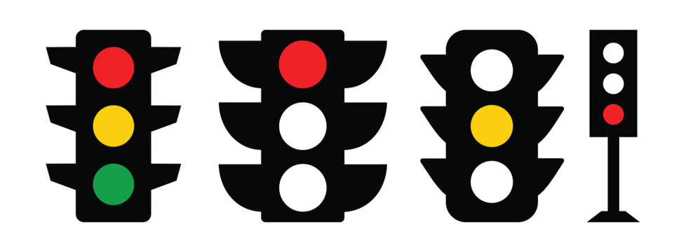 Traffic Light and Stoplight Icon Set Vector with Red Yellow Green Signals, Semaphore Symbols, and Transportation Control Signs in Glyph and Flat Styles