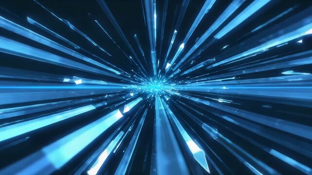 Fast motion through a blue crystal tunnel with light rays and shards flying past for speed of light, space concept