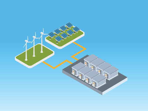 Renewable Energy Farm with Wind Turbines Solar Panels and Battery Storage 3d isometric vector illustration