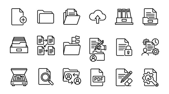 Collection of Document and Folder Management Line Icons for Digital Data Organization.