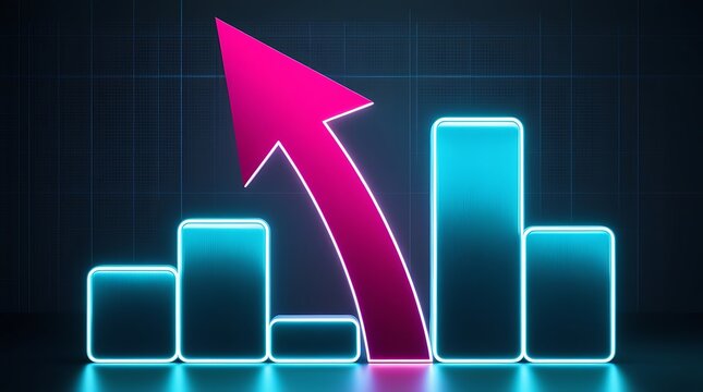 Bar graph with pink arrow showing steep increase, growth and successful financial performance.