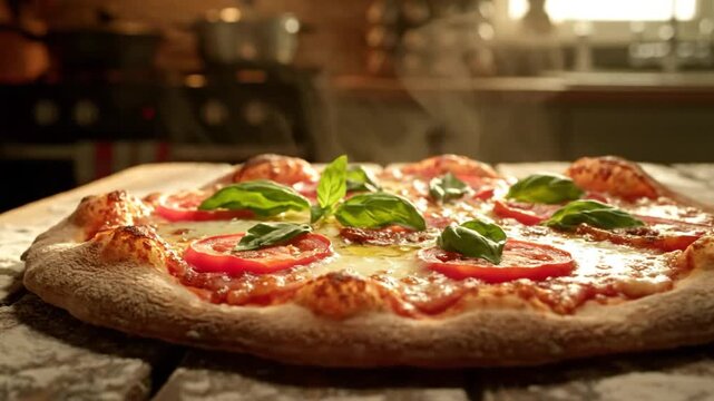 Close-up of a steaming hot margherita pizza with fresh basil and tomatoes on a wooden surface in a kitchen