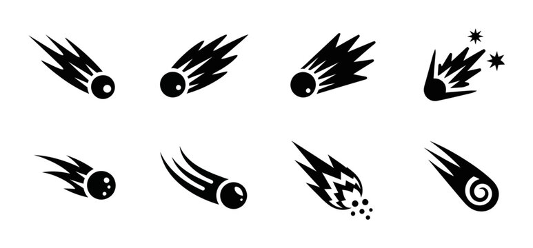 Meteorite Icons Set, Falling Stars Vector Graphics, Cosmic Objects Collection, Space Phenomena Symbols