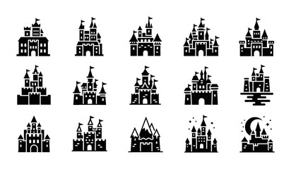 Fantasy Castle Icons Set, Medieval Fortress Silhouettes, Fairytale Palace Vector Graphics, Royal Architecture Collection © Svgmust