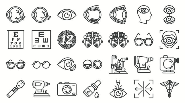 Comprehensive collection of hand-drawn ophthalmology and optometry icons for eye care.