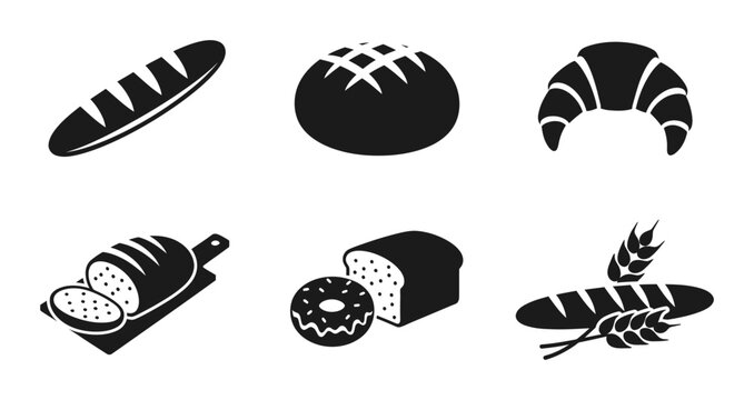Bakery Icons Set, Bread and Pastry Vector Collection, Food Symbols for Cafes and Restaurants, Black and White Graphics
