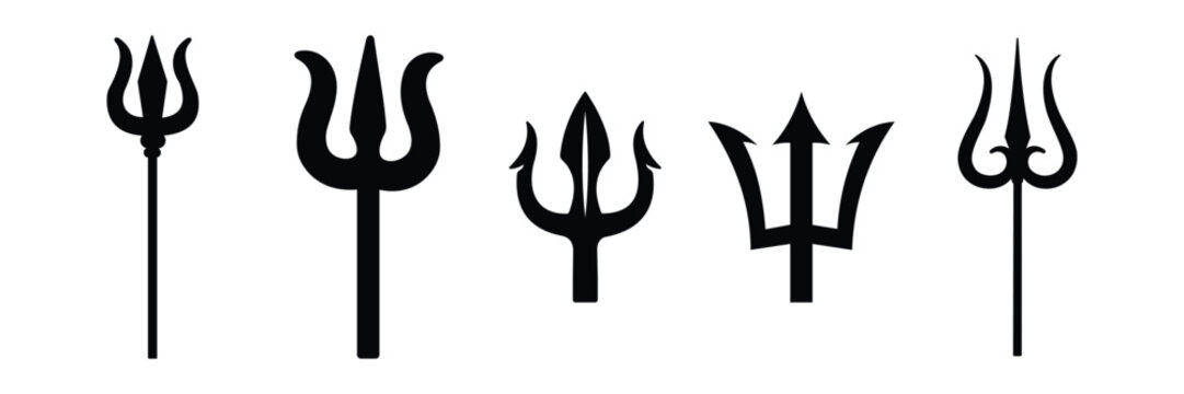 Trident and Devil Pitchfork Icon Set Vector with Mythology, Poseidon, Neptune, Triton, and Barbados Trident Symbols in Black Silhouette Style