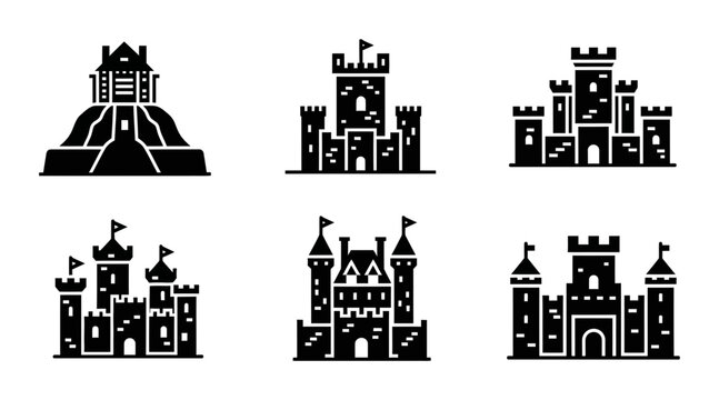 Medieval Castle Icons, Fantasy Fortress Silhouettes, Royal Citadel Vector Graphics, Historic Building Symbols