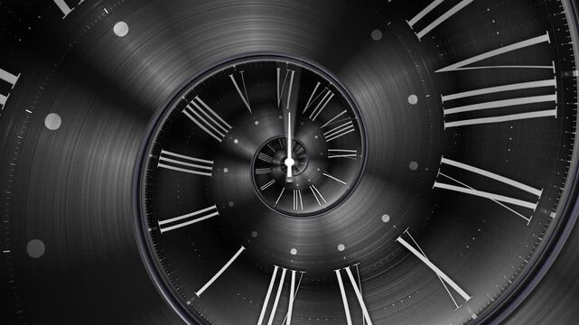 Abstract modern white spiral clock dial with roman numerals. Concept of Infinite time, deadline, scheduling, time management, time travel, time and space, past, present and future.