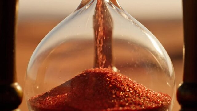 Close-up of a glass hourglass with red sand grains dripping through, time passing concept