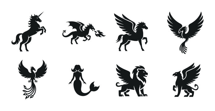 Mythical Creatures Silhouettes: Unicorn, Dragon, Pegasus, Phoenix, Mermaid, Griffin, Set of 8 Fantasy Icons
