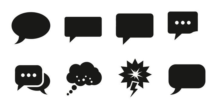 Black Speech Bubbles and Comic Book Sound Effects Vector Icons Set, Communication and Dialogue Symbols Collection for Web and Print Design