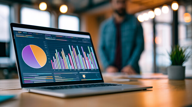 Professional Laptop Workspace: Modern Data Analytics, Charts, and Statistical Finance Dashboard for Business Growth and Team Collaboration