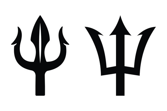 Trident and Devil Pitchfork Icon Set Vector with Mythology, Poseidon, Neptune, Triton, and Barbados Trident Symbols in Black Silhouette Style