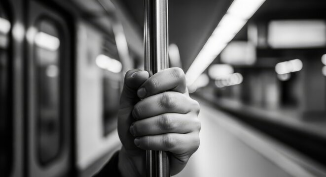 Close-up of a hand gripping a pole inside a moving train during a commute