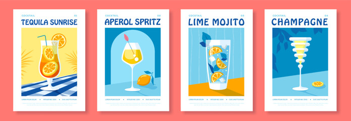 Fototapeta premium Set of summer Italian flat posters or covers with cocktails. Menu design. Vector illustration