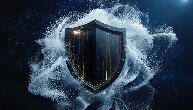 A shield emerges from smoke with gold lines on a dark background