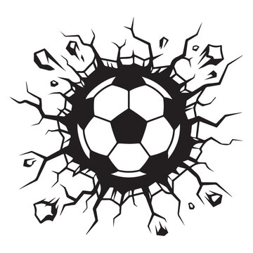Soccer football ball breaking through wall with cracks and debris vector.