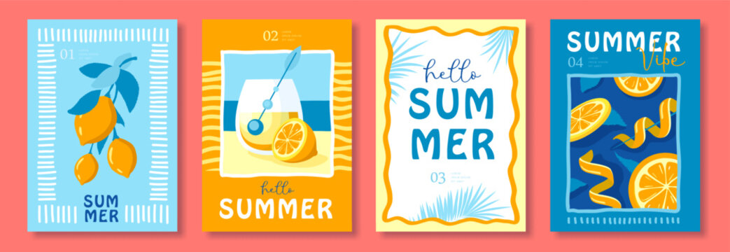 Set of summer Italian posters or covers with tequila sunrise cocktail,  lemonade, lemons, frames and lemon zest. Vector illustration