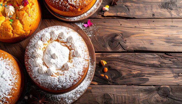 Easter cakes and sweet breads topped with frosting and powdered sugar, sprinkled with colorful confetti on a rustic wooden table, festive spring celebration food