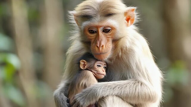 Close up of a mother monkey hugging her baby tenderly in a forest setting for maternal love and wildlife, care concept