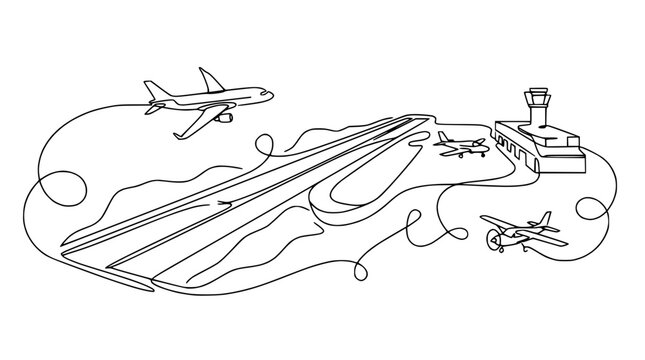 Continuous line drawing of an airport with airplanes and control tower