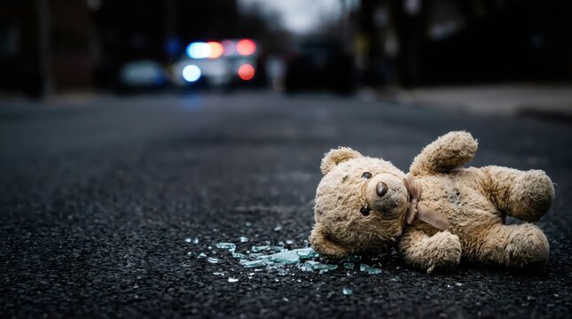 Abandoned teddy bear lying on asphalt road with broken glass. Tragedy and accident concept. Police car with blinking light in background. Lost childhood and danger on street scene.