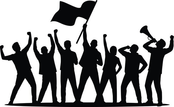 Black silhouette people, protest crowd, victory celebration, flag waving