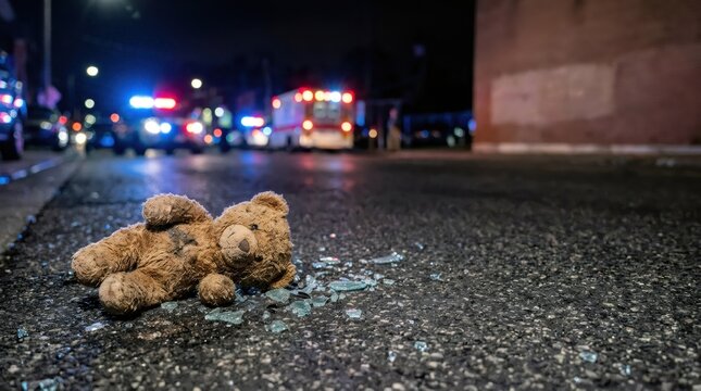 Dirty teddy bear dropped on dark road with broken glass. Tragedy and accident concept at night. Emergency vehicle with lights in background. Crime scene or traffic mishap illustration.