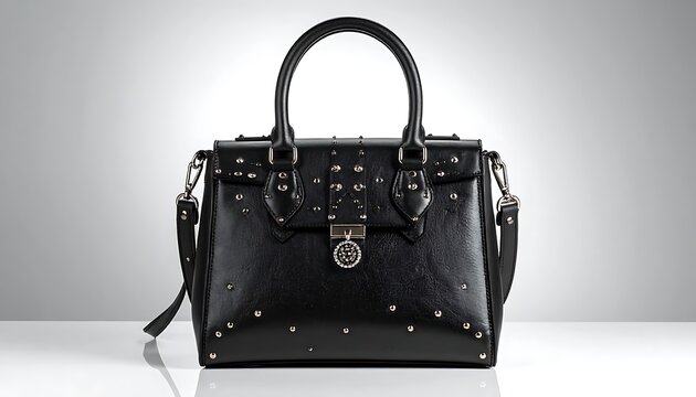 Elegant black leather handbag with gold stud embellishments and structured silhouette, luxurious accessory for fashion and style