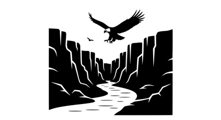 Fototapeta premium Eagle Flying Over Canyon and River Vector Illustration