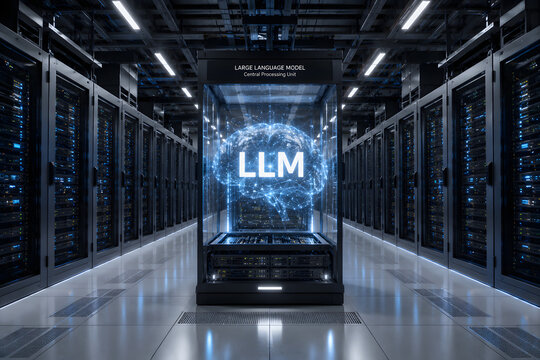 High-quality futuristic digital illustration of a glowing artificial intelligence brain hologram representing a Large Language Model (LLM) inside a modern data center server room