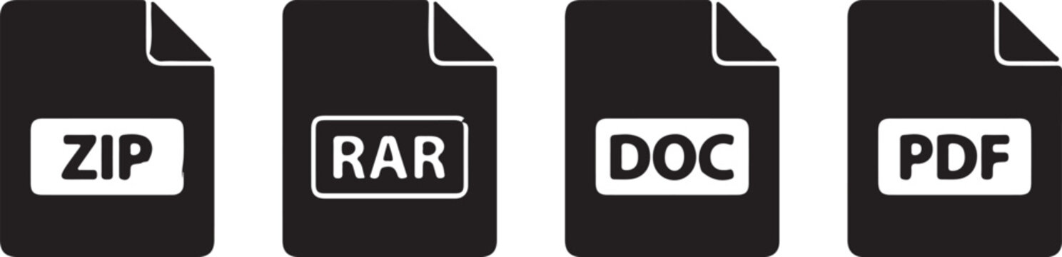 Four horizontal file icons representing ZIP, RAR, DOC, and PDF formats in black silhouette style on white background for document and data storage concept