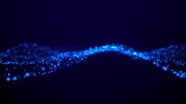 Glowing blue dots forming dynamic wave patterns in a dark space. Futuristic concept of data flow, sound waves, or digital visualization.