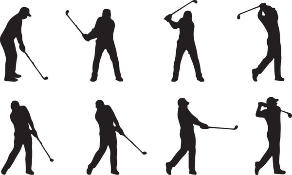 Set of eight black vector silhouettes showing different stages of a professional golf swing motion, isolated on white background, perfect for sports branding and graphic design projects.
