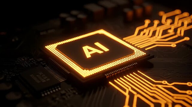 Ai microchip processor glowing on a digital circuit board with golden light effects.