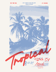 Fototapeta premium Vintage Palm Tree Tee Shirt Design. tropical summer Beach Surfing T-shirt vector artwork. summer poster design. retro men's grunge Costal print. 