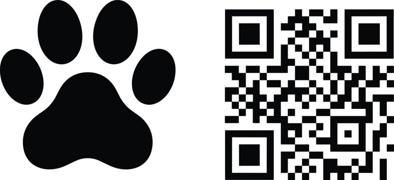 Set of solid black vector silhouettes featuring an animal paw print and a QR code isolated on a white background.