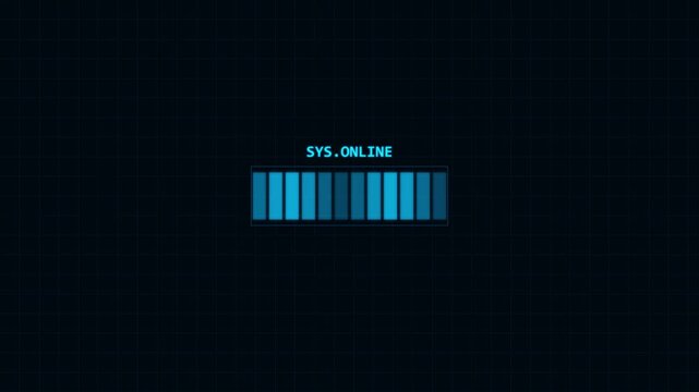 Digital HUD Loading Bar Animation Transitioning from System Offline to Online Status on Dark Grid Background