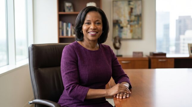 Confident African American female executive seated at conference table in modern office with city view, wearing purple dress and smiling professionally