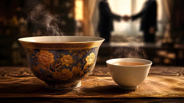 Luxury traditional porcelain tea bowls with hot steaming tea on a wooden table with business partners shaking hands in the blurry background.