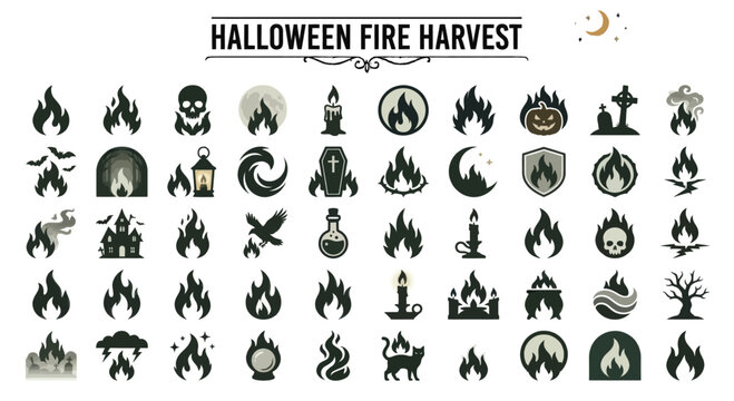 halloween fire icons set with black and gray silhouettes on white background