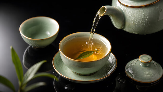 Hot green tea pouring from ceramic teapot into a cup on black background. Elegant traditional asian tea ceremony concept for relaxation, mindfulness, and wellness.