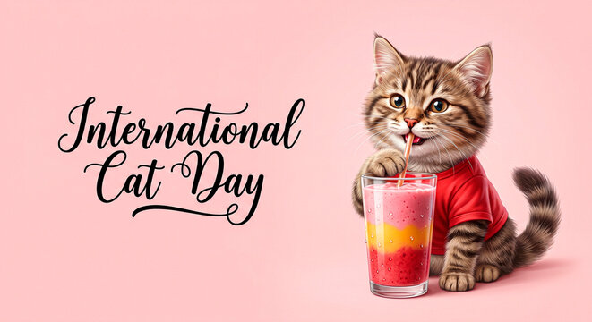 International Cat Day. A cute cat drinking a delicious juice.