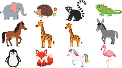 Large collection of cute cartoon animal vectors featuring elephant giraffe horse fox penguin and magical unicorn for nursery decor and children's educational projects. © MdJillur
