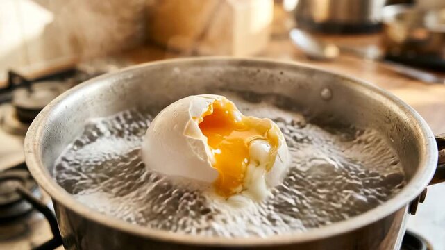 A cracked egg boiling in a pot of water on a kitchen stove