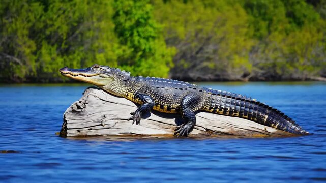 Large alligator sunbathing on a wooden log in the middle of a calm blue river for reptile wildlife and, wild concept