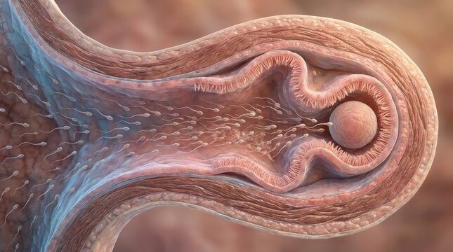 Conception life journey: human reproduce, female system, sperm navigate, ovum unite, fertilize process, embryo develop, zygote form, fallopian tube, magnify detail, interior depict.