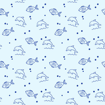 Amalfi Coast marine doodle pattern with dolphins, fish and Mediterranean sea symbols