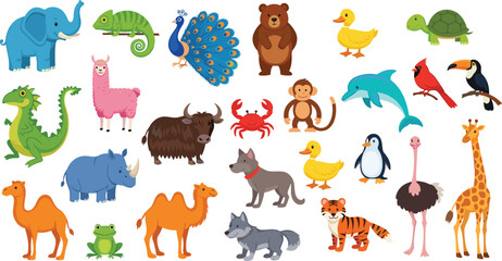 Fototapeta premium Mega collection of cute cartoon animal vectors featuring elephant giraffe tiger monkey peacock dolphin penguin and various wildlife species,